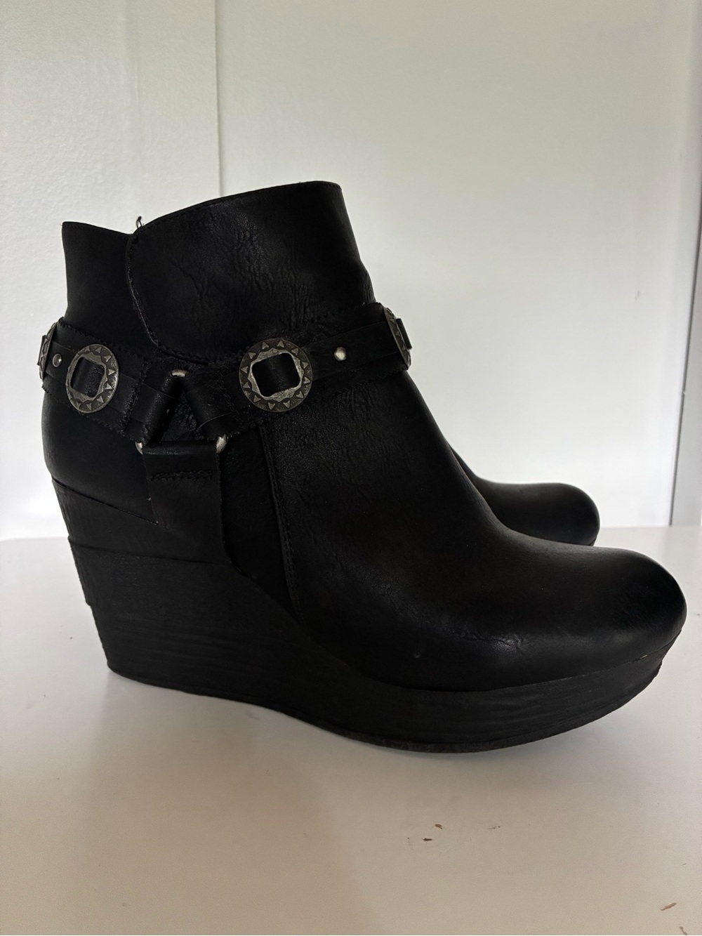 Sbicca Black Wedge Ankle Booties with Studded Harness Detail